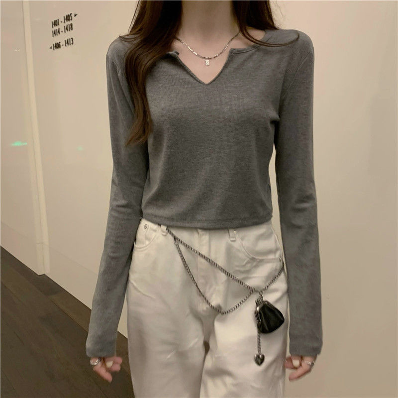 Puro deseo superior camiseta de las mujeres de primavera y otoño diseño sentido nicho nuevo dulce chica caliente manga larga corta delgada con cuello en v camisa de fondo image 8