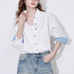 条纹翻袖衬衫女2025秋冬季新款时装通勤上衣高级感气质纯棉衬衣