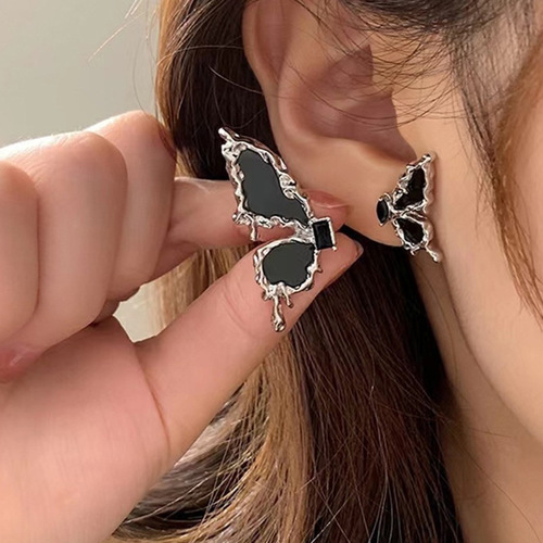 S925 Silver Asymmetric Black Butterfly Earrings for Women - Sweet, Cool, and Spicy Style Earrings - Airy and Cool, Refined and High-End