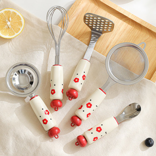 Cute Tableware suit Stainless Steel Children's Short Handle Spoon Potato Mud Press Filter Brush Kitchen Gadget suit