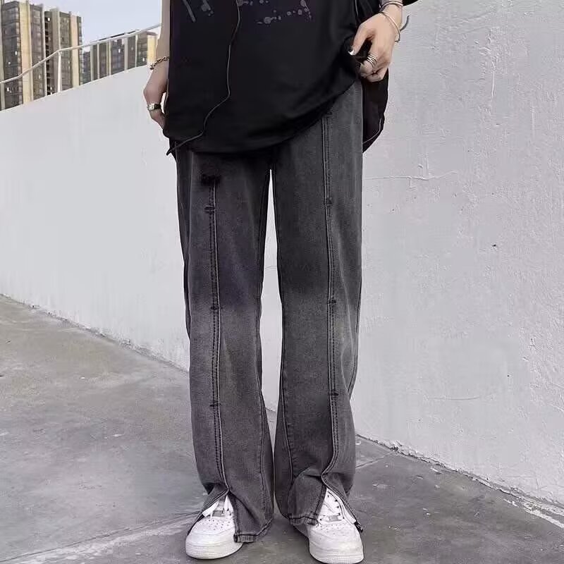 High Street Retro American Washed Old Stitch Jeans hombre relajado cremallera recta vibe micro boquilla pantalones