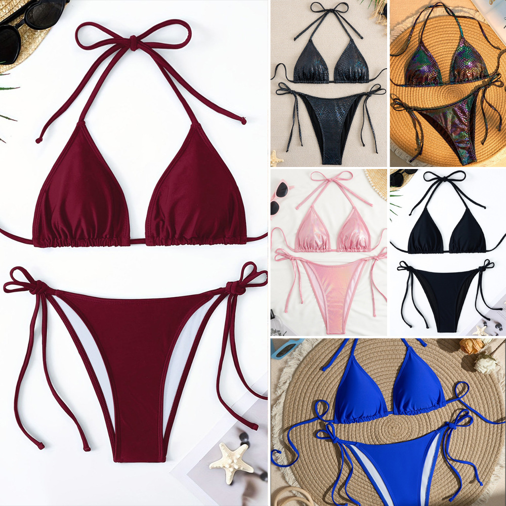 Solid Color Triangle Bag Bikini Swimsuit Lace-up Sexy High Elastic Swimsuit Women's Detachable Chest Pad Quick-drying Breathable