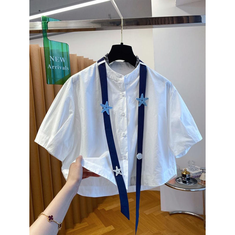 White High-Waisted Short Shirt for Women, Short-Sleeved, 2026 New Summer Style, Loose Fit, Height-Enhancing, Unique, Petite Tie-Up Top