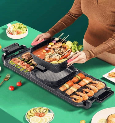 跨境新款厂家直销可分离涮烤一体鸳鸯锅多功能家用电热锅活动礼品|ms