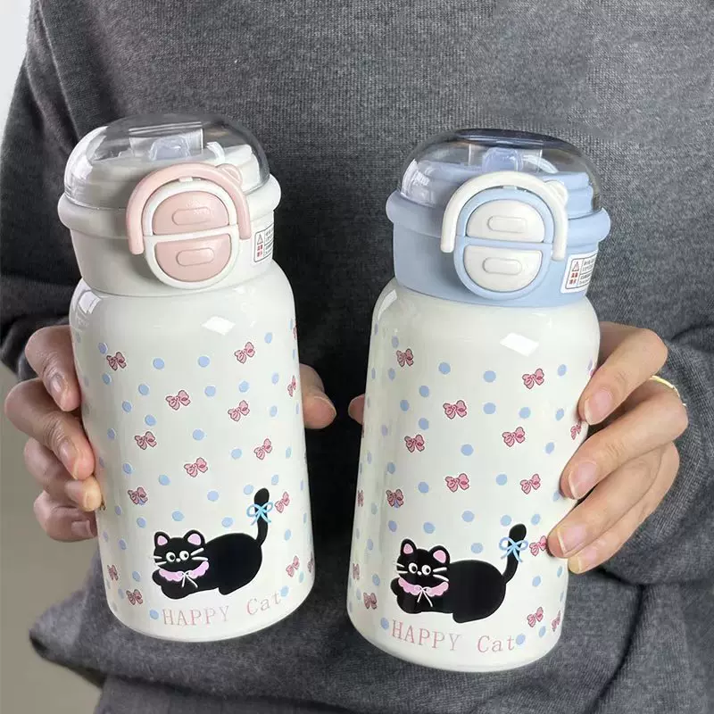 简约小猫保温杯可爱高颜值女生学生吸管杯儿童316不锈钢双饮水杯