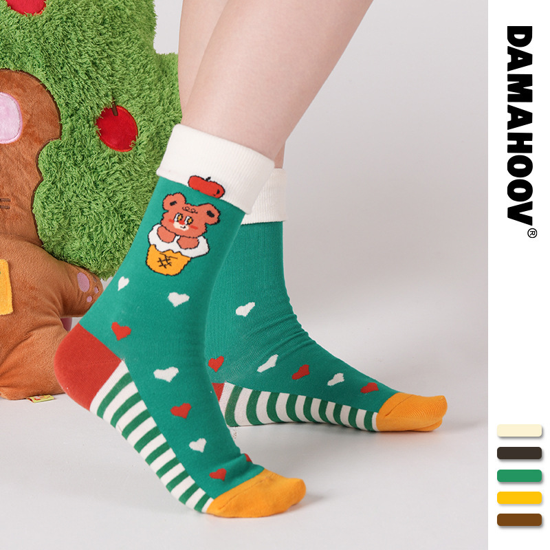 Spring and Summer New Original Big-Eyed Bear Cute Cartoon Mid-Tube Socks for Women, Double Ribbed Cotton Trendy Socks for Men, Zhuji Socks