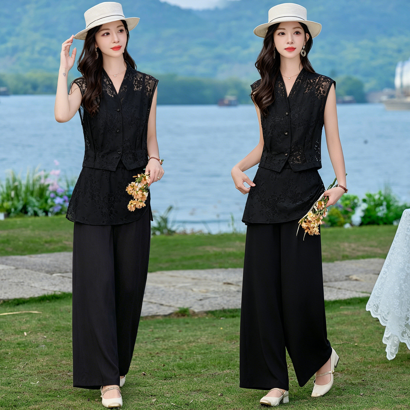 Bộ vest nữ không tay kết hợp quần ống rộng phối ren YQ9913 — màu đen, màu trắng ngà