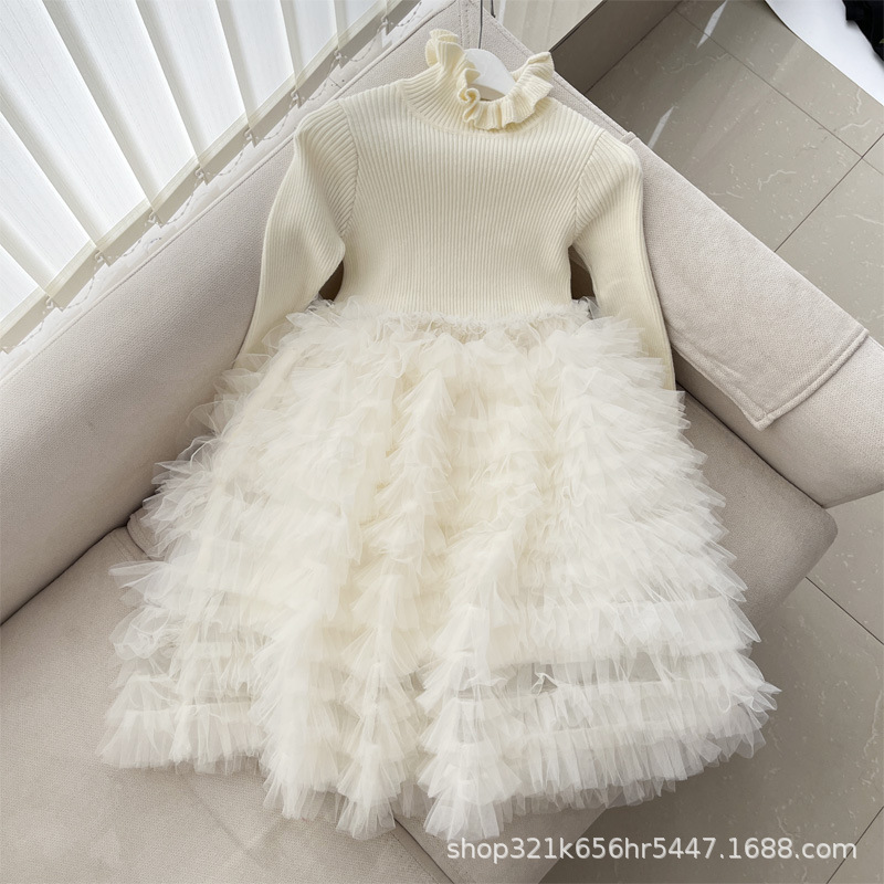 2024 primavera y otoño vestido de las niñas suéter de malla pettiskirt Niña de cumpleaños vestido de princesa vestido de regalo ESTILO OCCIDENTAL