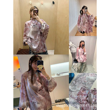 高品质2025秋季新款粉色V领系带猫咪双层印花罩衫衬衫上衣女潮牌