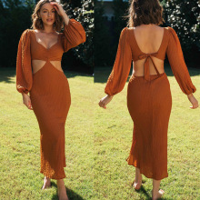 2022跨境欧美专供独立站女装新款V领背后系带灯笼长袖长款连衣裙