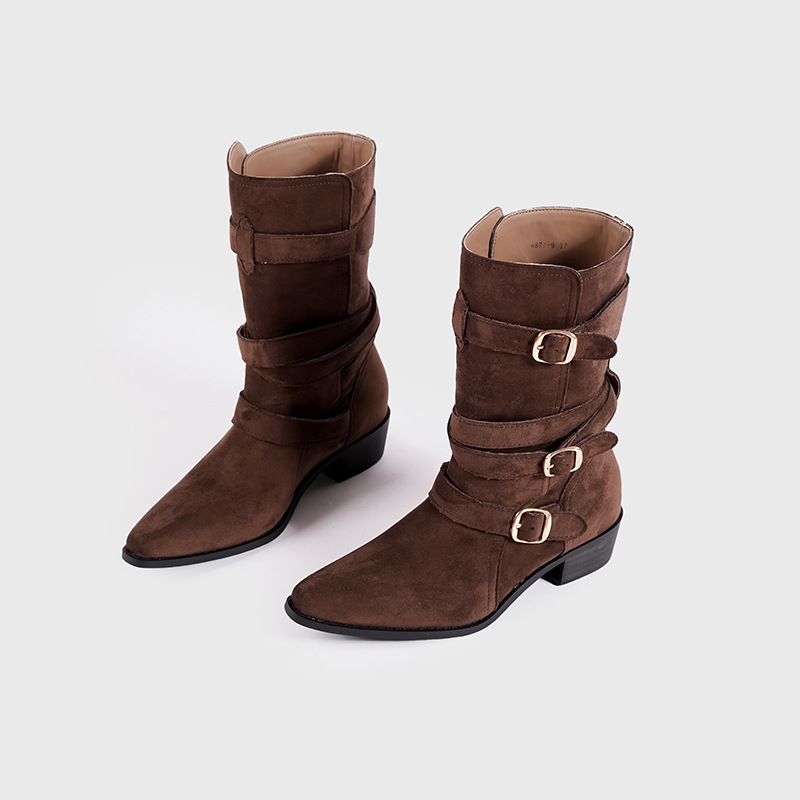 Spetsiga Knight-stövlar för kvinnor Hösten 2024 nya brittiska stövlar med spänne i västerländsk stil, mellanhöga Martens-stövlar för kvinnor_voghion.com
