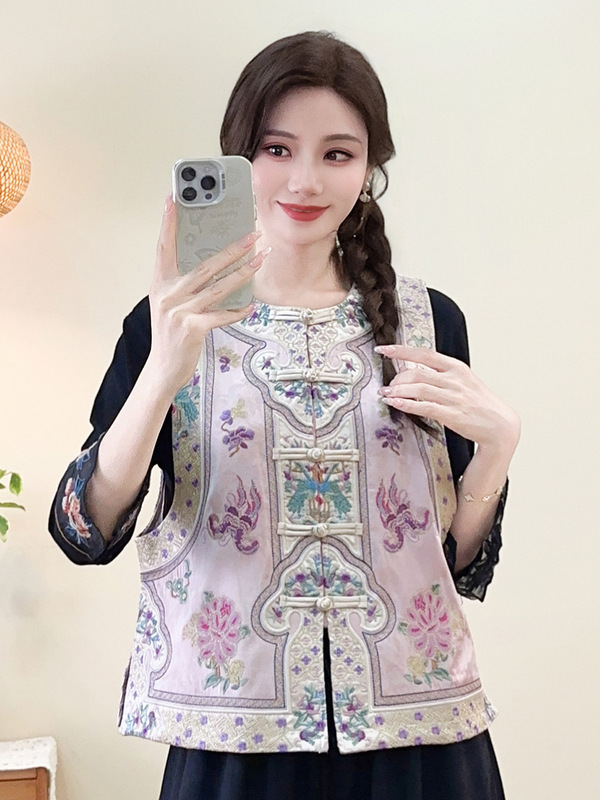 民族风复古圆领盘扣马甲女2025新款文艺时尚刺绣缎面宽松背心上衣|undefined