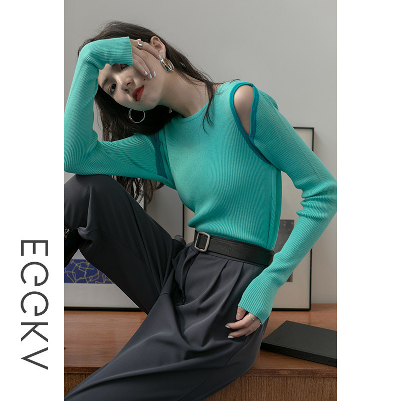 Taitai コントラストカラーオフショルダー中空セーター女性のための 2025 春と秋の新しい女性のスリム長袖ボトリングシャツアウターウェア婦人服