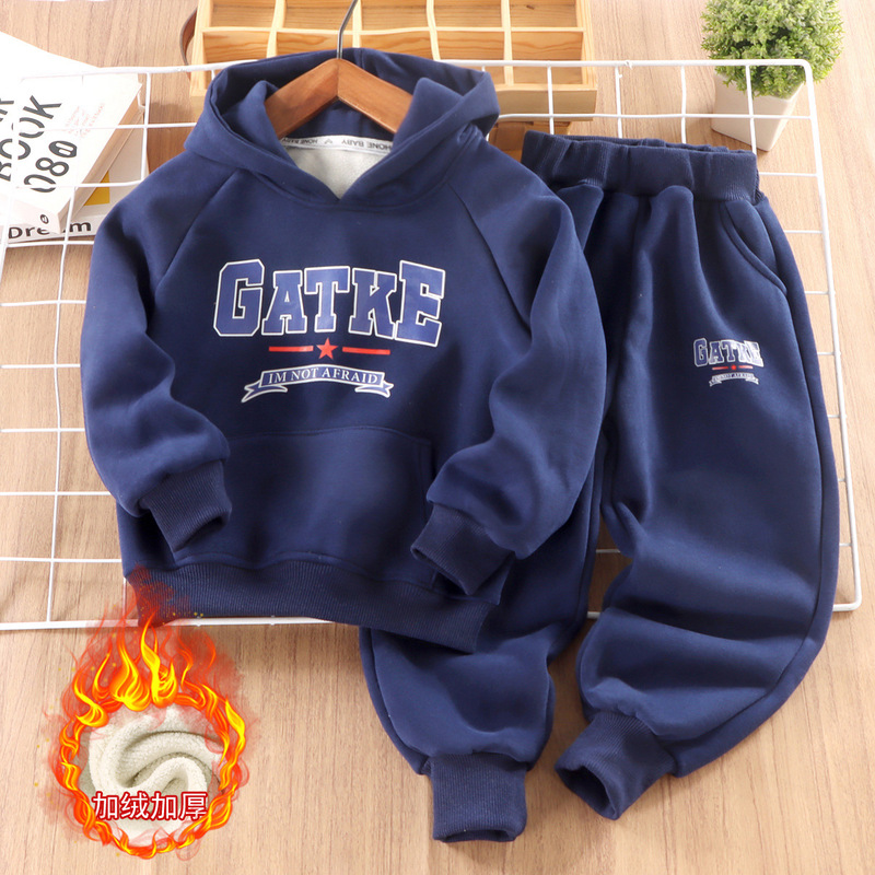 Children's Velvet Thickened Trendy Brand Hooded Suit Autumn and Winter New Boys' Letter Printed Casual Sweatshirt Two-Piece Set