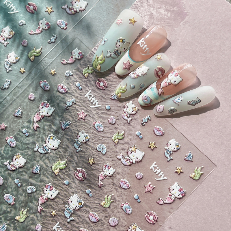 Ant Picture Mermaid Kitty Nail Art Stickers Embossed Shell Cartoon Girl Soft Cute Hello Kitty Nail Decorations Yt9018