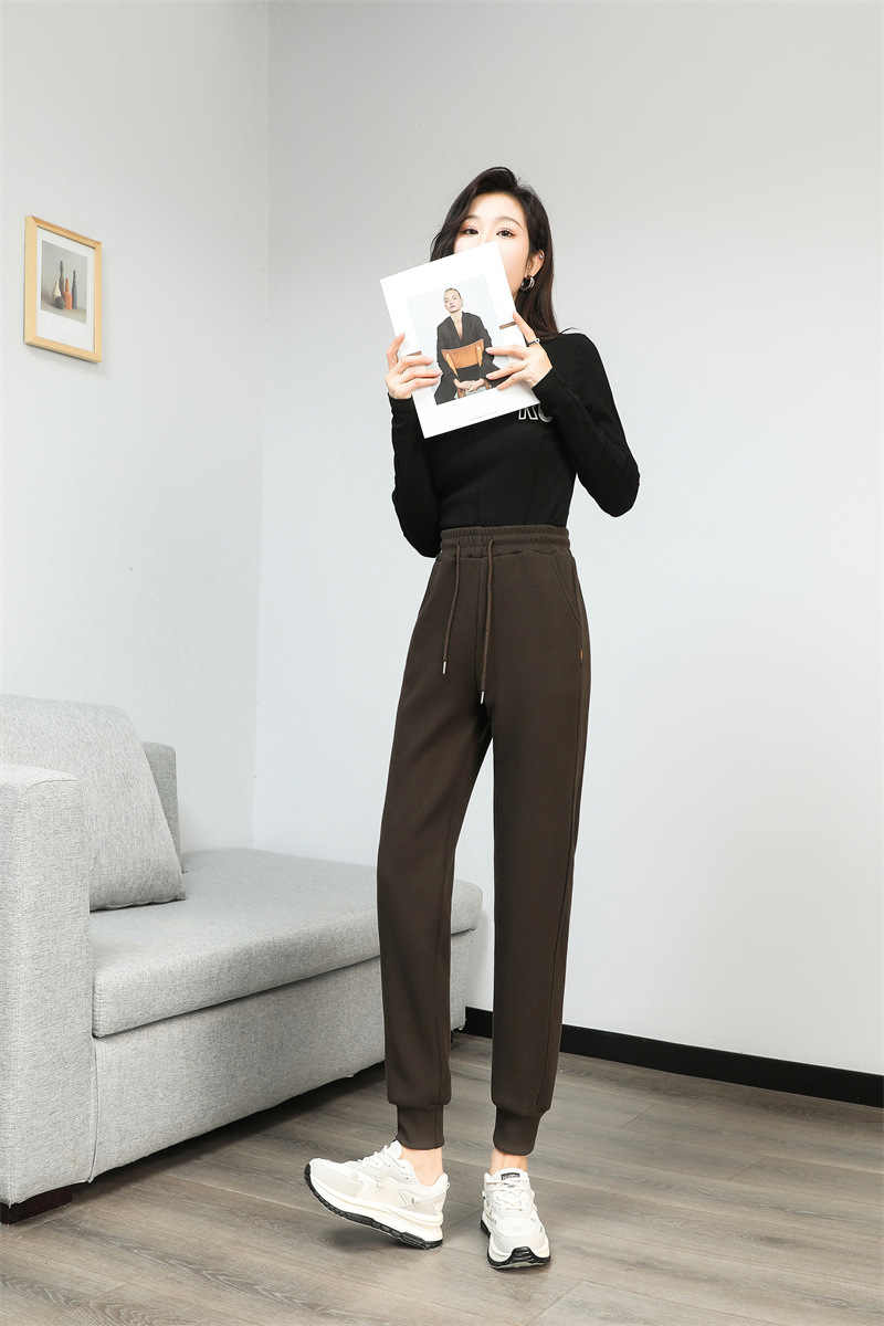 法米姿 羊羔绒运动加绒裤女新款加厚卫裤高腰显瘦束脚休闲裤哈伦