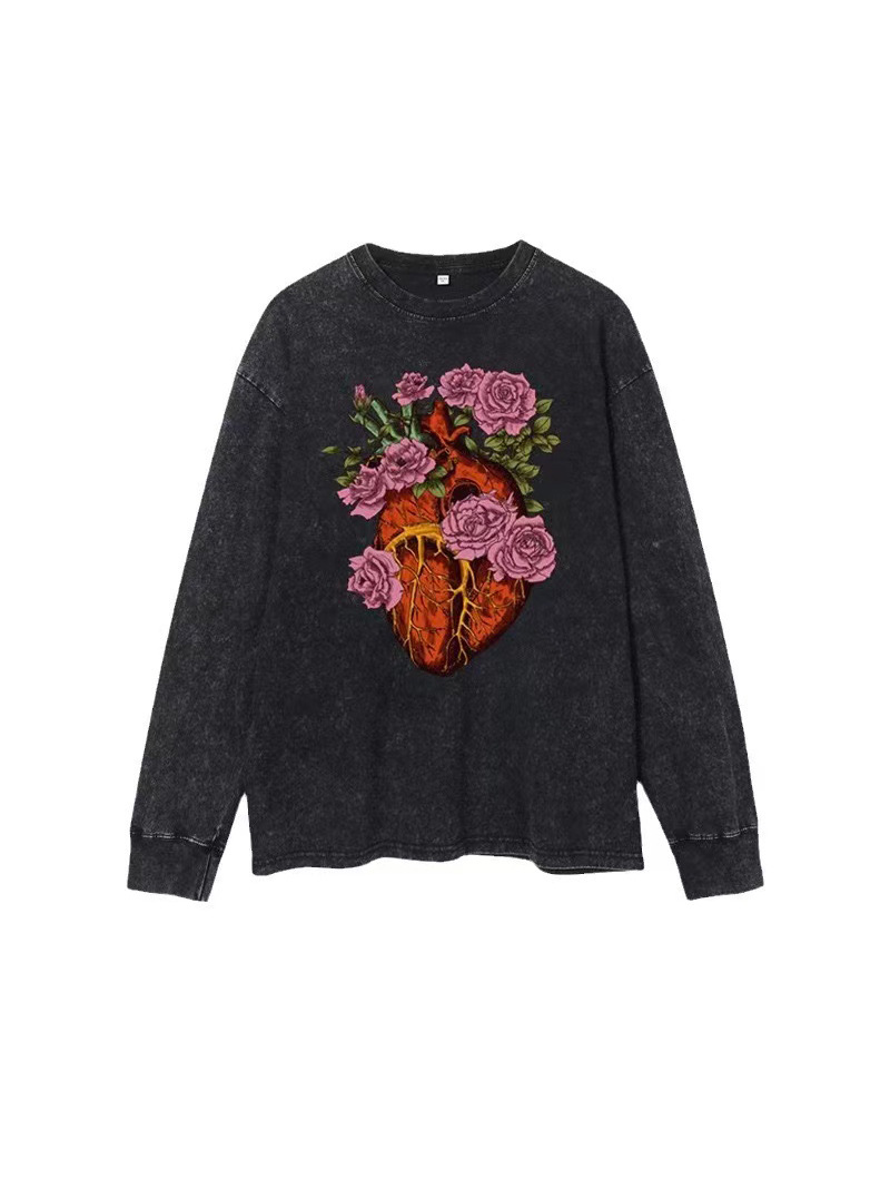 Camiseta de manga larga impresa de marca de alta calle oscura, camiseta para hombres, camiseta de base de pareja suelta de tamaño grande