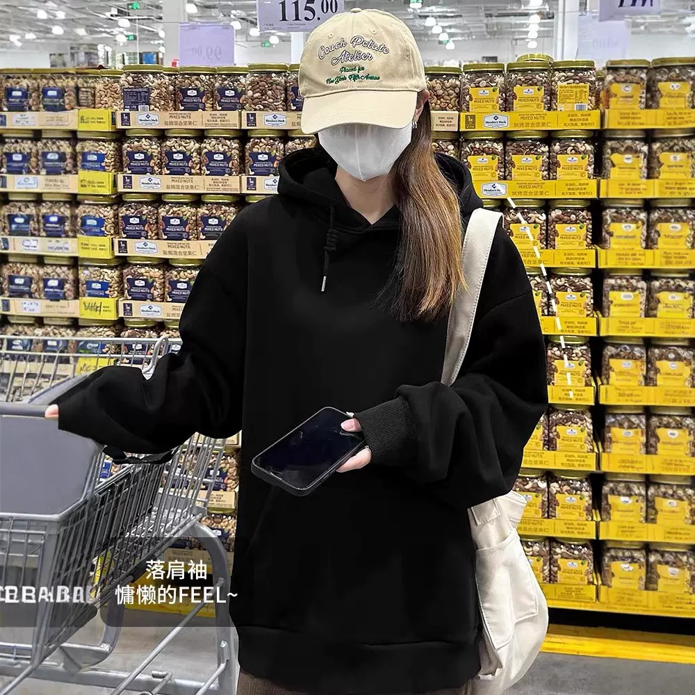 日韩加绒加厚银狐绒宽松连帽卫衣女秋冬新款慵懒外套休闲上衣女潮