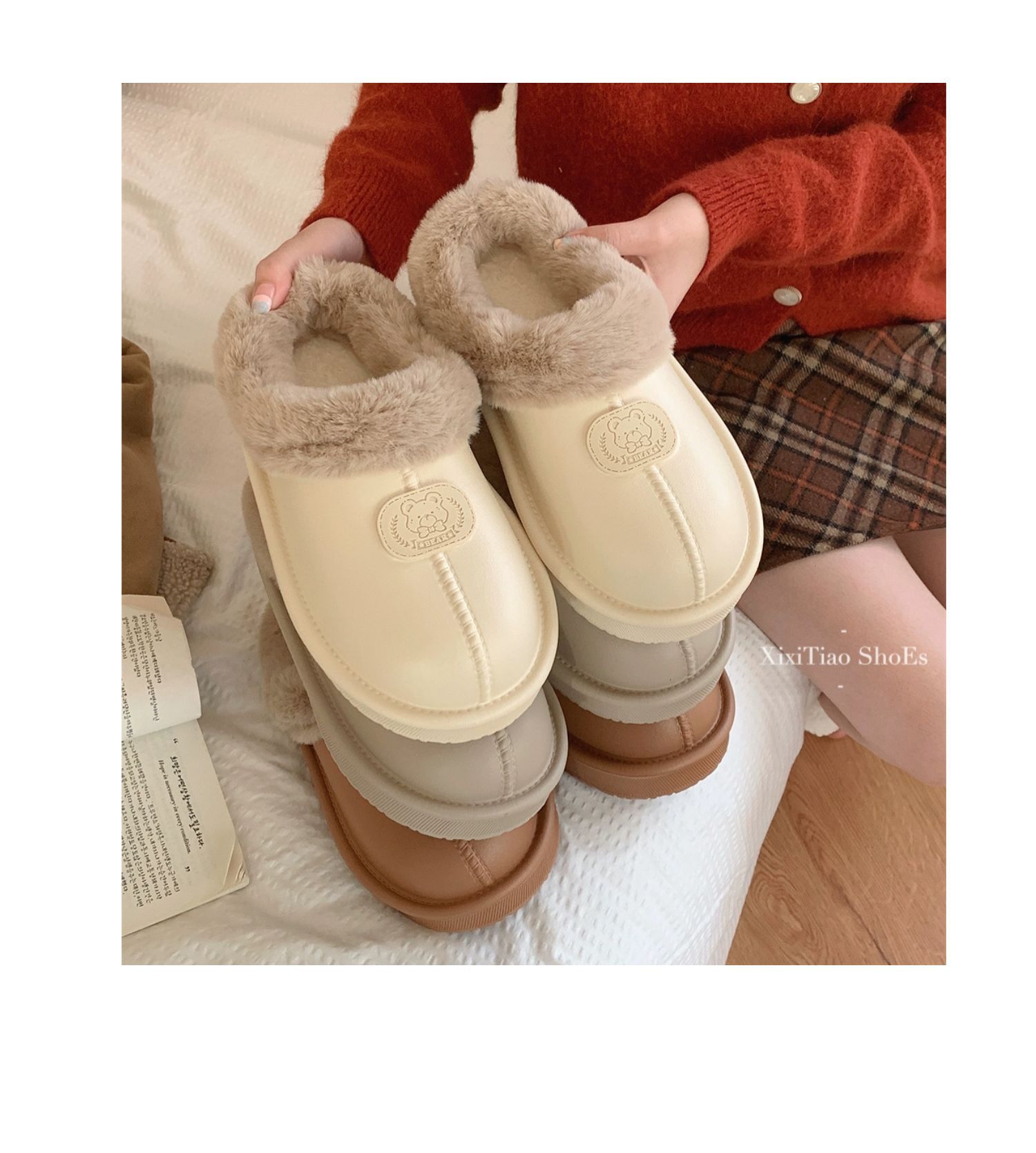 Korėjietiško stiliaus madingi drabužiai viduje ir lauke su pašiltinimu ir patogiomis medvilninėmis šlepetėmis, pliušiniu minkštu padu, paprasti_voghion.com