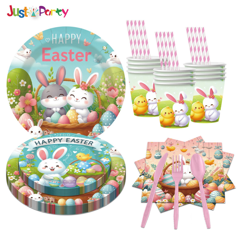Easter Bunny Egg Children's Birthday Party Disposable Tableware suit Paper Tray Paper Cup Tissue Party Supplies