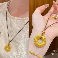 璞佐金店同款沙金鏤空錢幣平安扣項鍊新中式編繩毛衣鏈高級感首飾