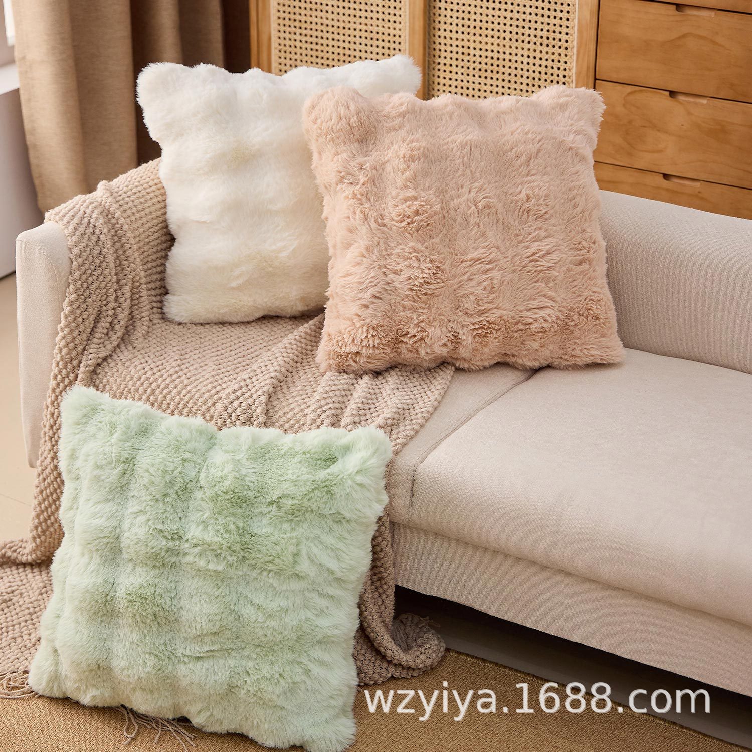 Duas caras de conejo de peluche de lujo pele de grado almohada de textura núcleo sofá cuadrado almohada teñida almohada arco iris