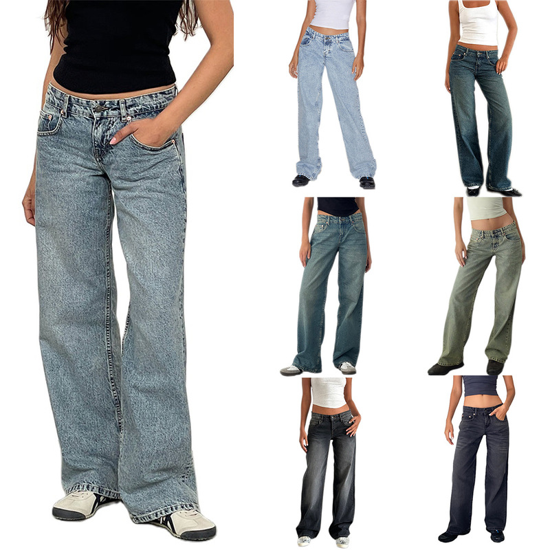 Amazon AliExpress TEMU New Cross-border Special for High Quality European and American Women Straight Tube Micro Horn Denim Pants