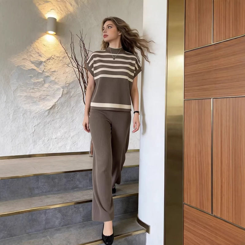 Cross-Border Trade Simple and Stylish Niche Striped Knit Vest Top + Fashionable Slim-Fit Wide-Leg Pants Knit Set