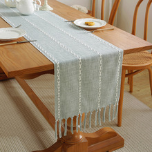 北欧简约条纹纯色桌旗棉麻布艺手工流苏茶几布桌垫家居长条桌布