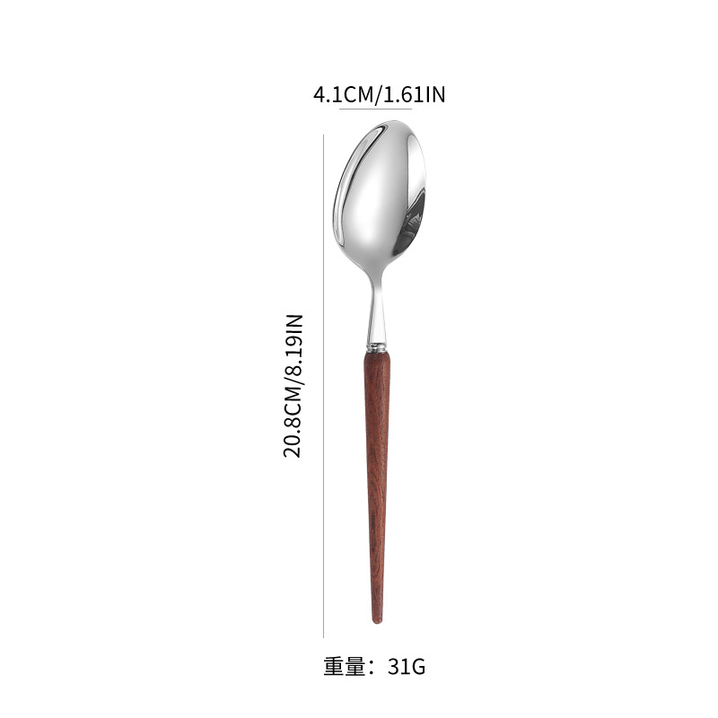 304 mango de madera de acero inoxidable cuchillo y tenedor portugués cuchara de postre cuchara de postre tenedor de cubierta de comida occidental cuchillo y tenedor de filete set cuchara