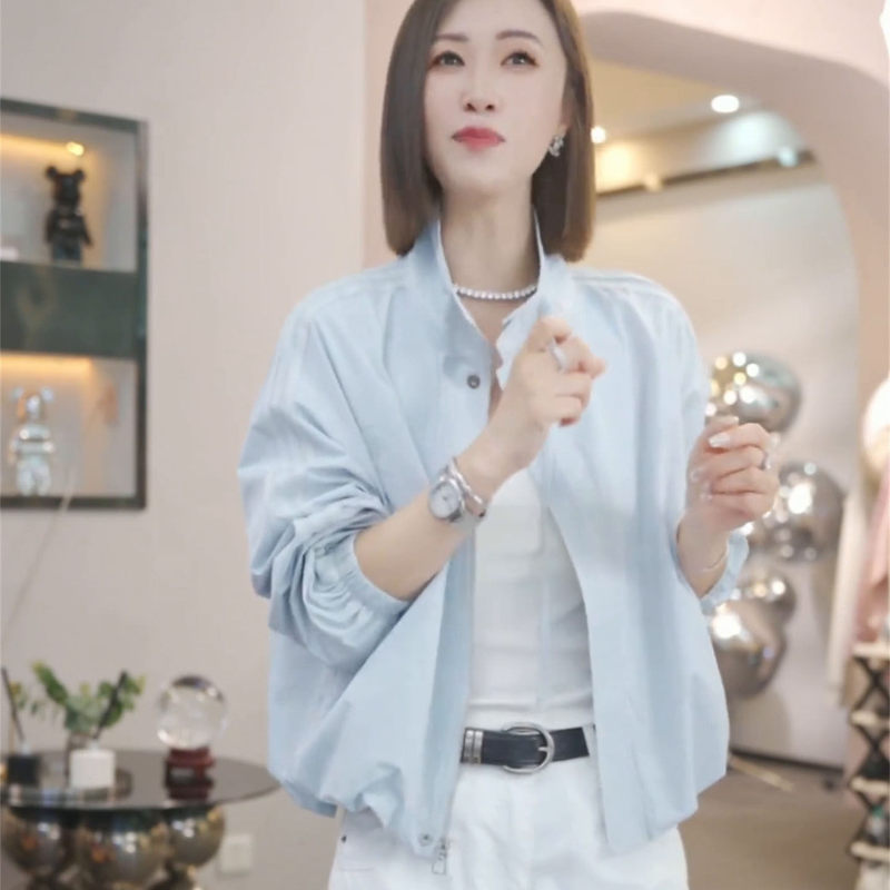 Casual Style Blue Stand-Up Collar Short Jacket for Women 2026 Spring New Loose Versatile Sun Protection Zipper Jacket Top