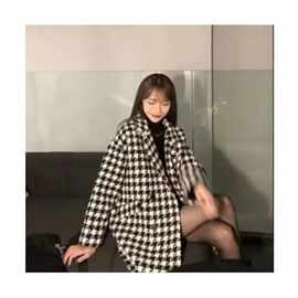 复合毛呢千鸟格子外套女秋冬季新款韩版宽松休闲加厚中长款大衣女