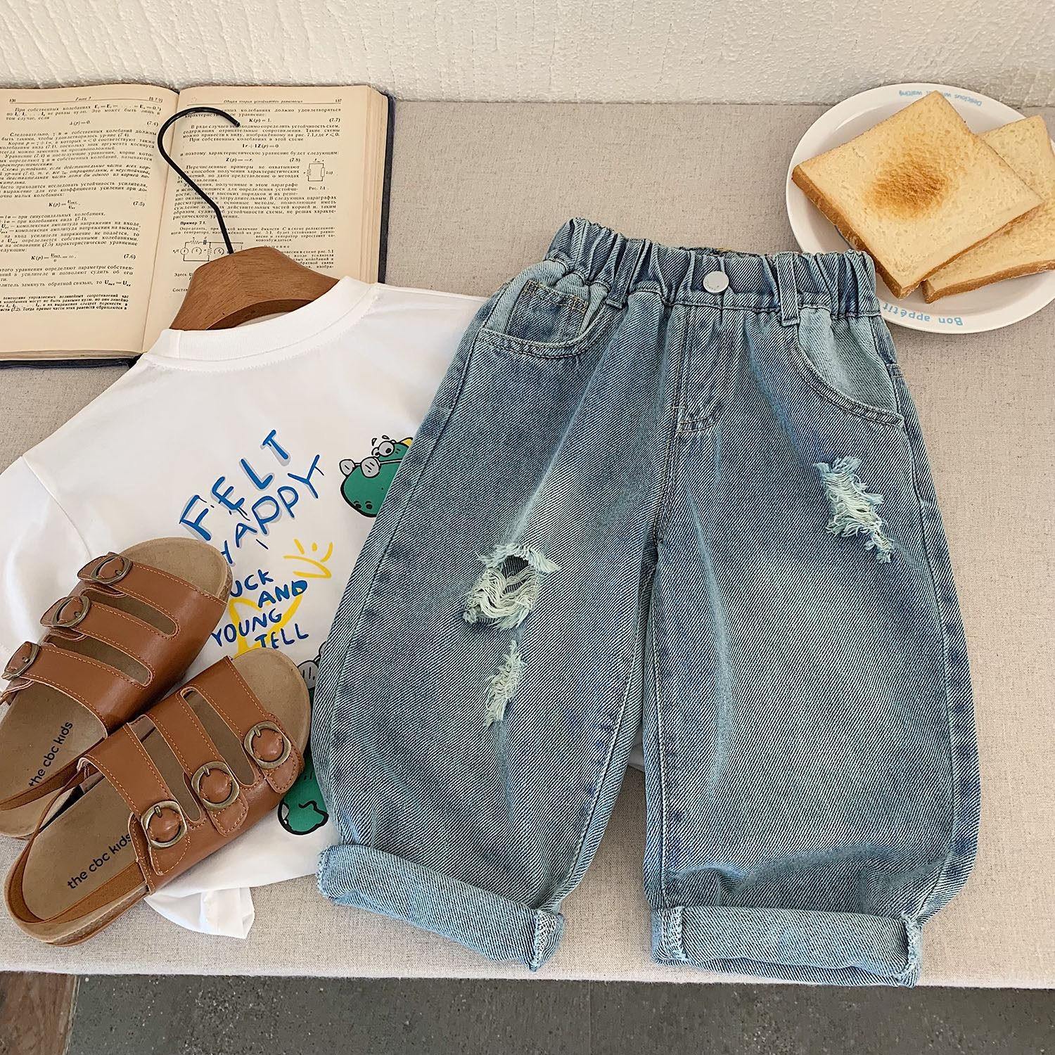 Otoño bebé jeans, pantalones de primavera para niños y niñas, pantalones de rábanes, pantalones de jeans agujeros de letras para niños image 2