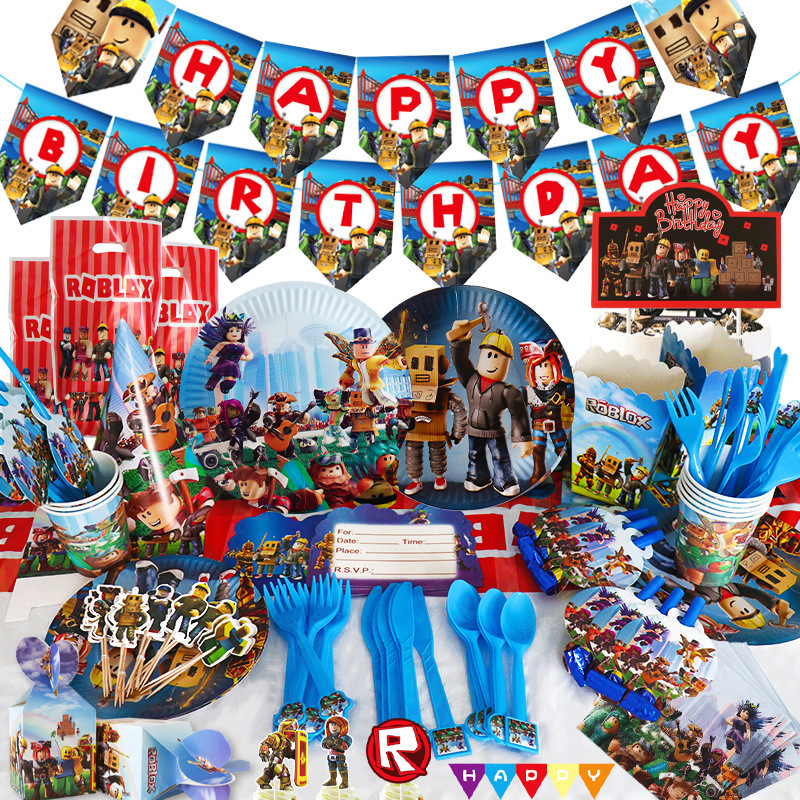 Hot Selling Roblox Robot Disposable Dinner Plate Birthday Party Event Paper Cup Tissue Paper Plate Tableware Decoration