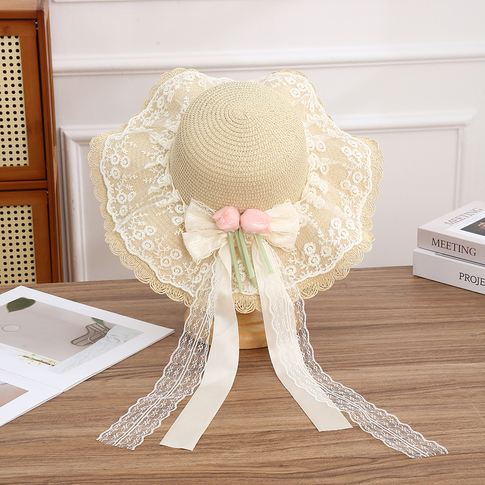 Sombrero de paja con lazo – estilo veraniego, ala ancha, para playa o vacaciones al aire libre