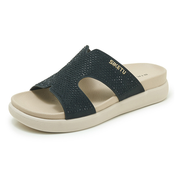 Dép sandal nữ xỏ ngón đế bệt đính đá lấp lánh phong cách Hàn Quốc — màu đen, màu hồng, màu mơ chi tiết 23