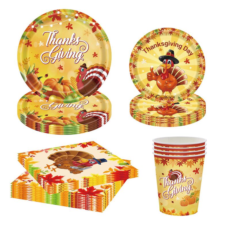 Thanksgiving Theme Maple Leaf Pumpkin Turkey Day Party Decorative Tableware Set Flag Banner Paper Plate Paper Towel Paper Cup