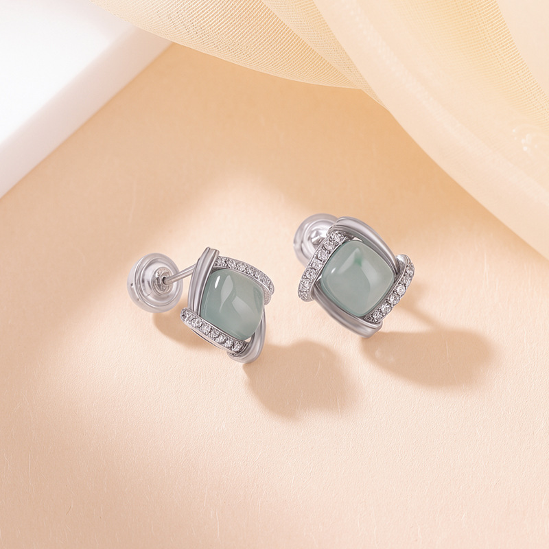 Bông tai bạc S925 mạ vàng đính đá xanh lam hình vuông phong cách tối giản — Một đôi