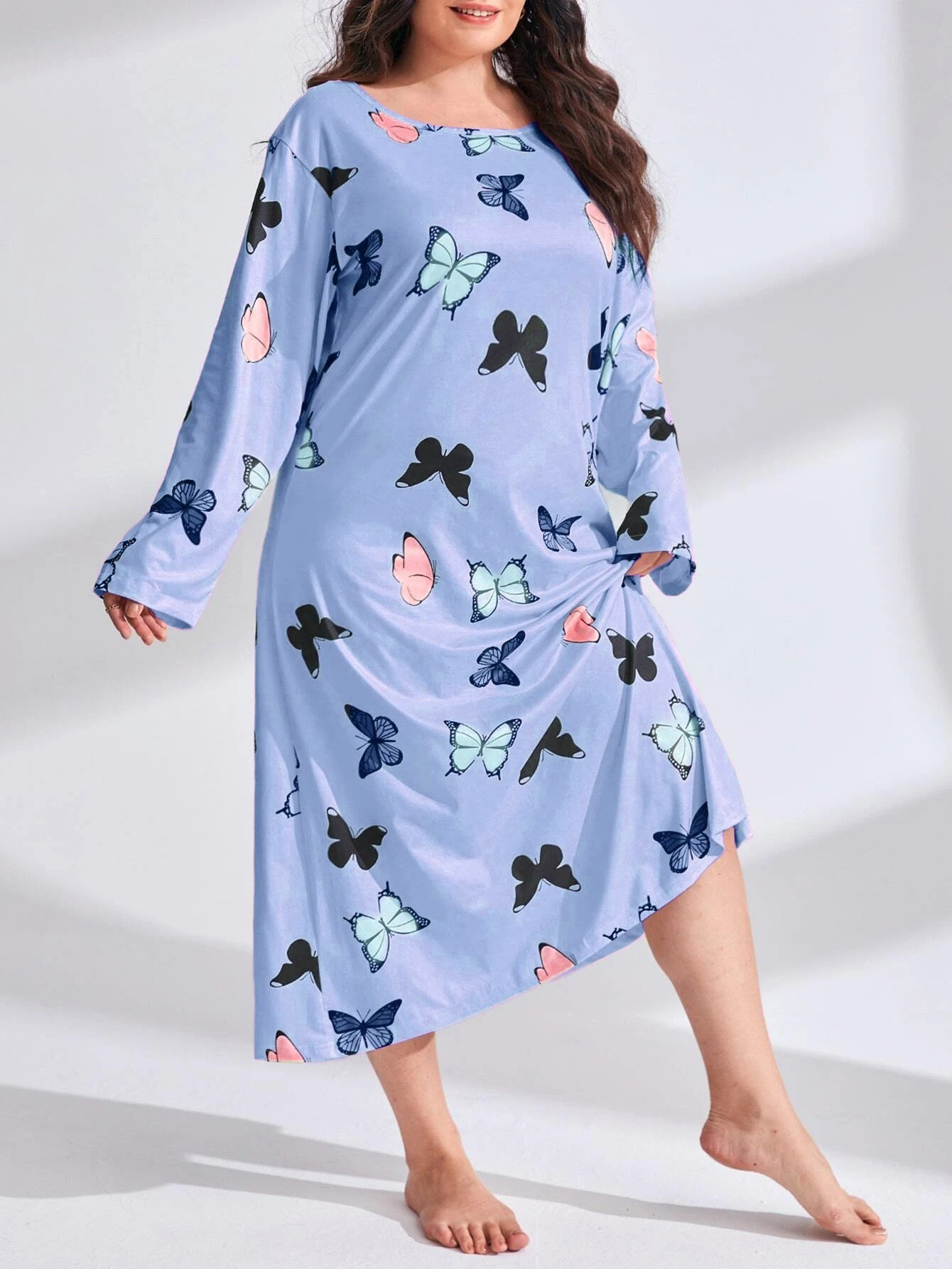 Camisón Largo de Talla Grande con Estampado de Mariposas y Hombros Caídos, Estilo Europeo y Americano 2025, para Mujer, TEMU Amazon