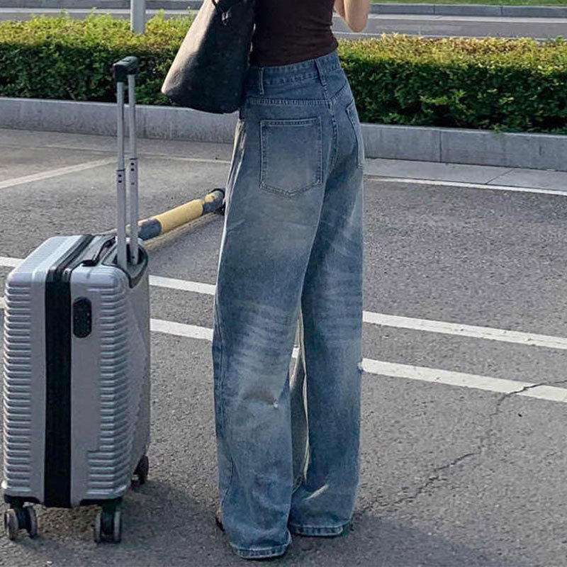 明るい破れた穴のジーパンの婦人服の大きいサイズの梨の形のまっすぐな筒のゆったりしている腰の設計感は太ったmmを磨いてズボンを引きずります|undefined