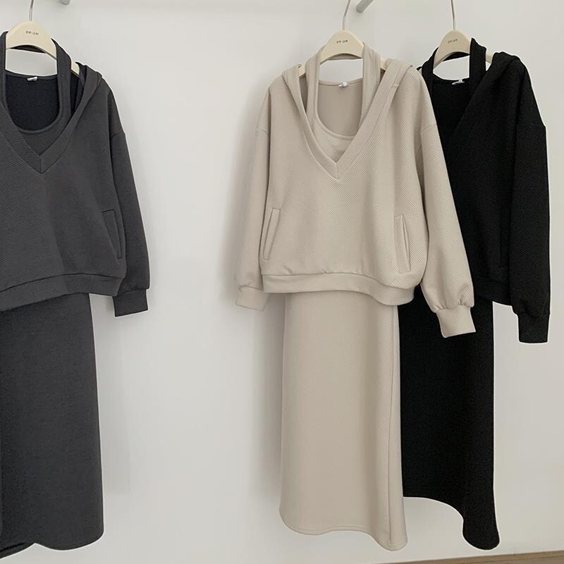 2025 Autumn and Winter Suit Dress Loose Hooded Halter Dress Loose Sweatshirt Jacket Casual Fashion Two-Piece Set for Women