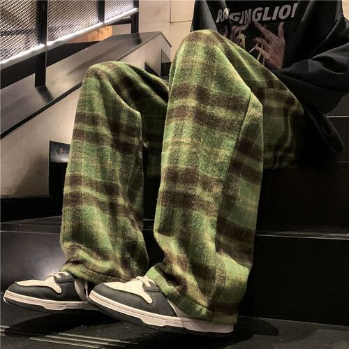Spring and Autumn Brand Loose Wide-Leg Straight-Tube Pants with Drape, High-End, Versatile, Gritty-Hardcore Men's Woolen Plaid Casual Pants