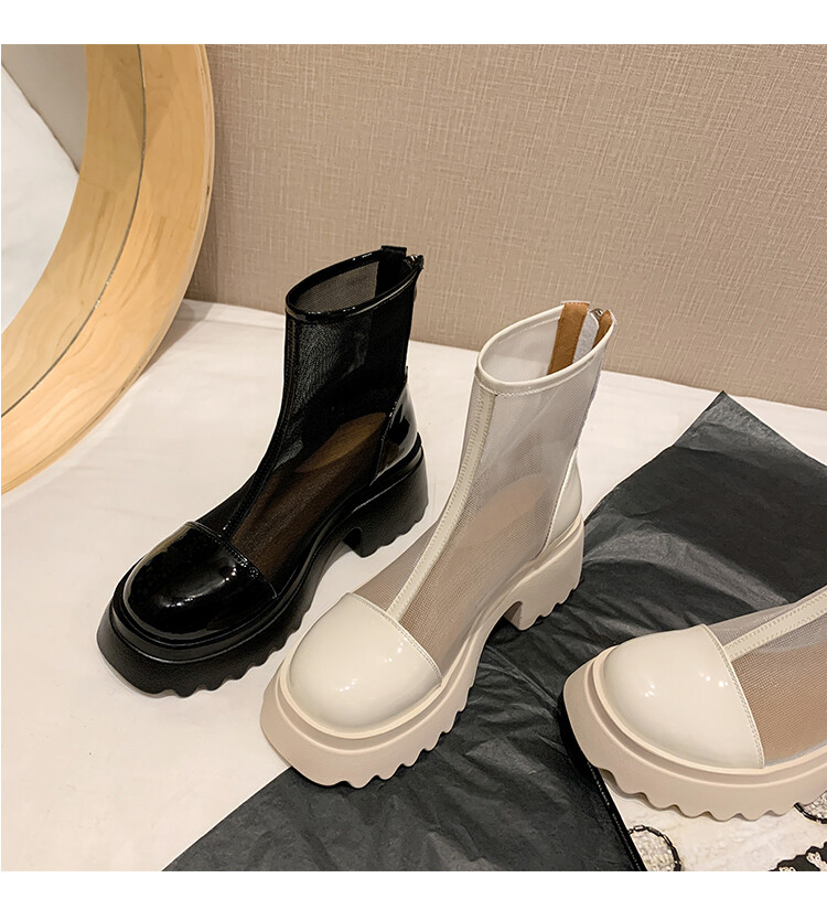 Boot ngắn nữ da thật vải lưới cao gót 6cm mùa hè phong cách Anh thoáng khí — Màu đen, Trắng be chi tiết 58