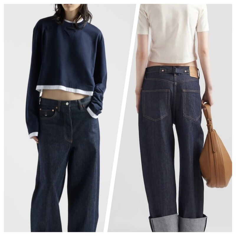 Inverted Triangle Logo Rolled Hem Jeans for Women, High-Waisted, Loose Fit, Slimming, Pr Brand Straight-Leg Pants, Versatile, 2026 Spring New Style