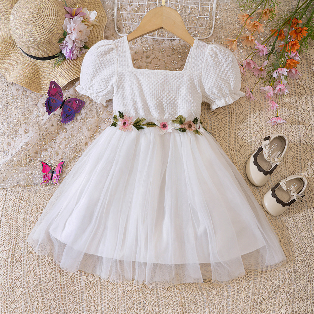 EW foreign trade children's clothing children's new girls' summer puff sleeve stitching mesh dress Q1297-C