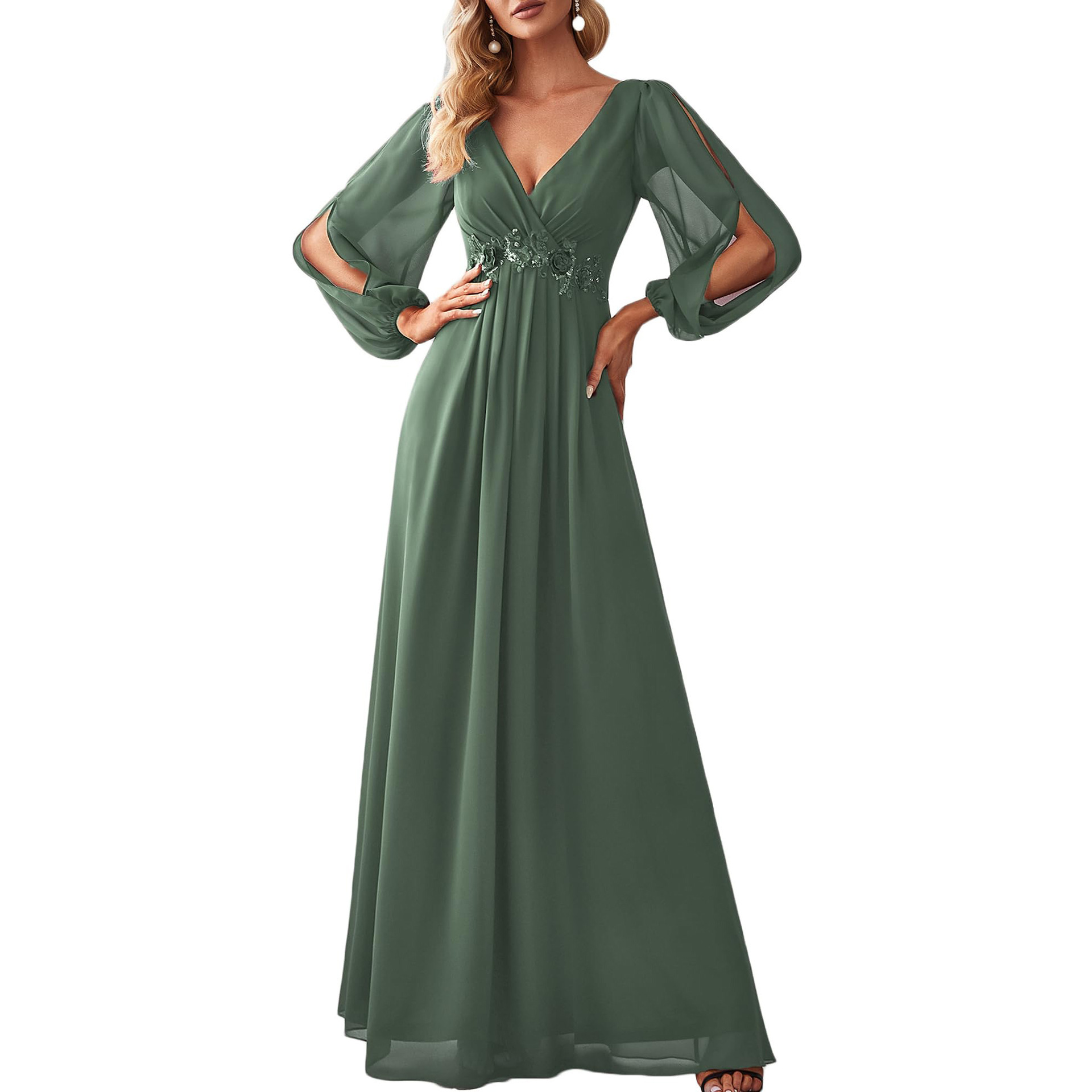 Cross-Border Women's V-Neck Long-Sleeve Floor-Length Pleated Chiffon A-Line Formal Evening Gown Bridal Waist-Cinching Dress