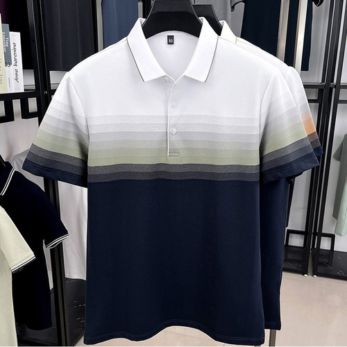 Summer Collared Cotton Striped Short-Sleeve Polo Shirt for Men Business Casual Thin T-Shirt Top