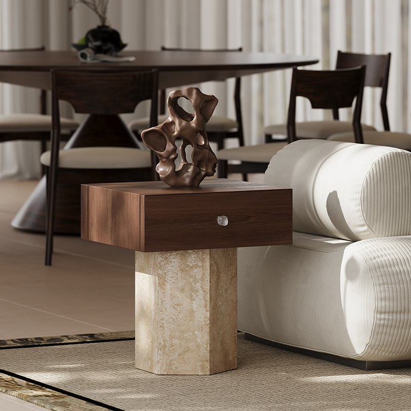 Wabi-Sabi Style Solid Wood Travertine Small Coffee Table Living Room Multi-Functional Storage Side Table Corner Table Medieval Retro Home Bedside Table