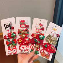 儿童圣诞节日卡通人物发夹女童圣诞袜子圣诞老人手套毛绒夹套装