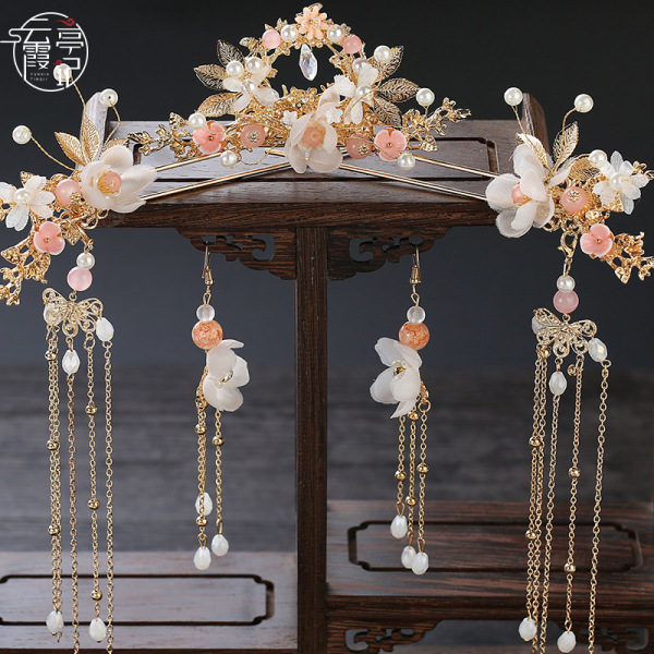 Children's Han Dynasty Women's Headwear Ancient Costume Tassel Hairpin Comb Accessories Set Step Shake Hair Crown Lace Earrings Fairy Meixiuhe